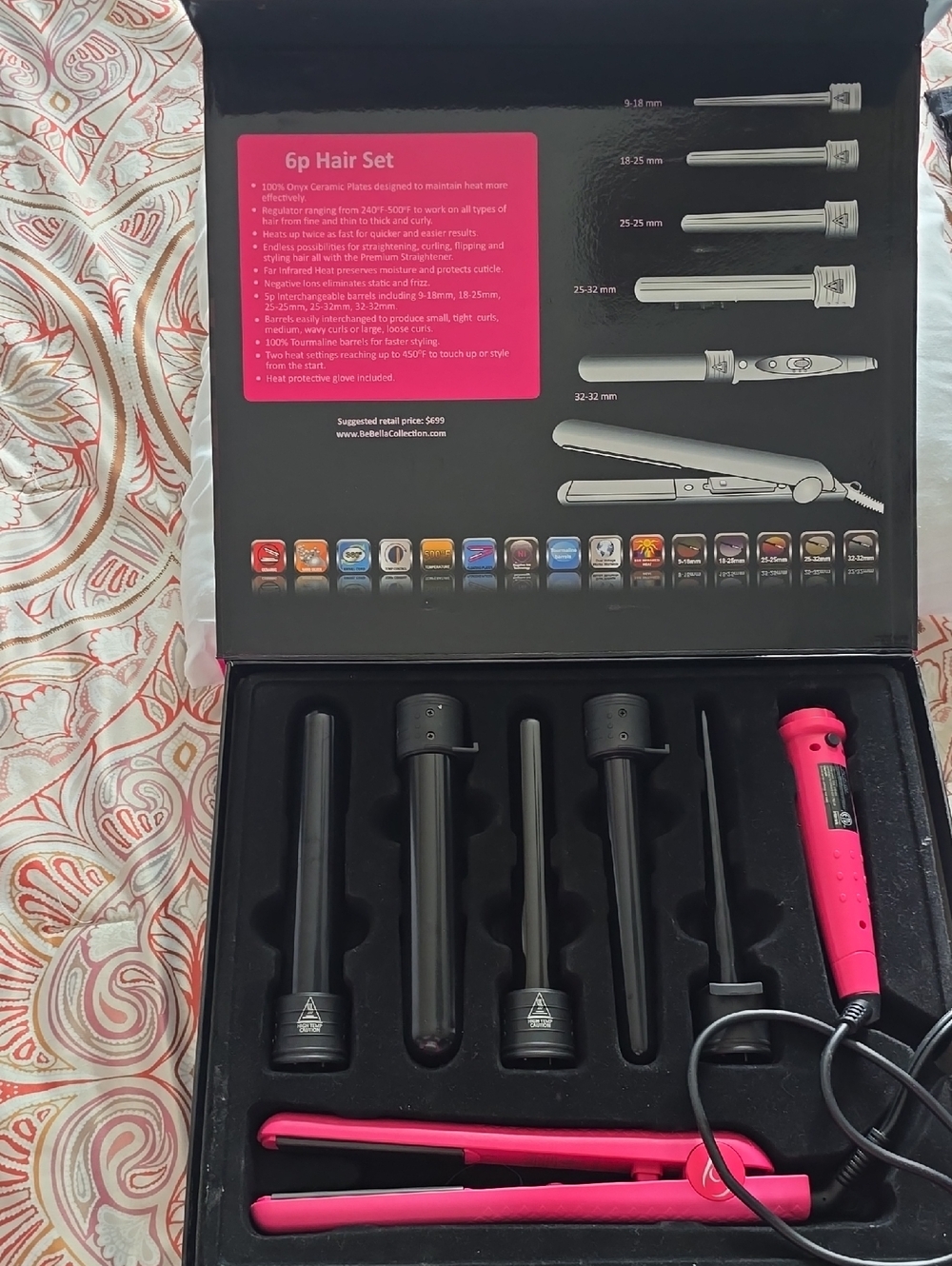 7 pc Pink Hair Styling Set with Interchangeable Barrels